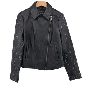 Wilsons Leather Womens Black Genuine Leather Moto Jacket Studded Sleeves XS